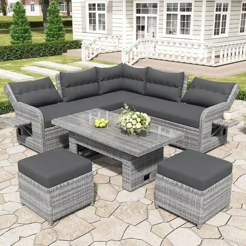 Ensemble de meubles de jardin en rotin avec table réglable, chaises longues et 2 poufs