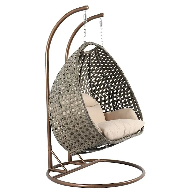 Fauteuil suspendu en forme d'œuf avec support métallique, cadre en osier et coussin – Beige / Bleu anthracite / Blanc / Bleu / Blanc antique / Marron / Toile, 2 places