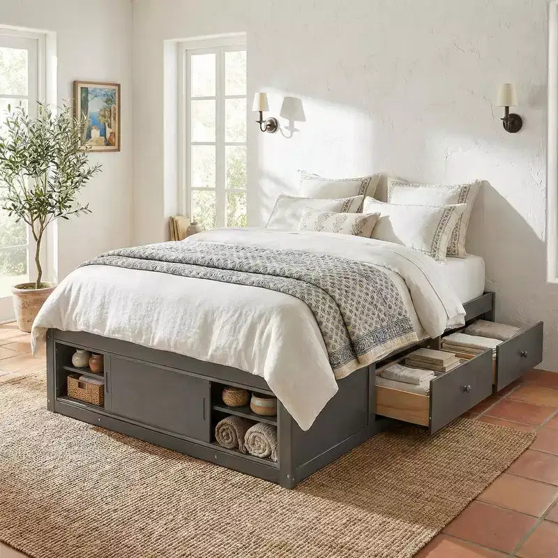 Cadre de lit plateforme Whisen Queen avec 4 tiroirs de rangement et rangement dans le pied de lit