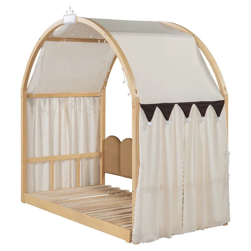 Lit cabane Montessori en bois massif avec plateforme, toit voûté et lit gigogne pour filles et garçons