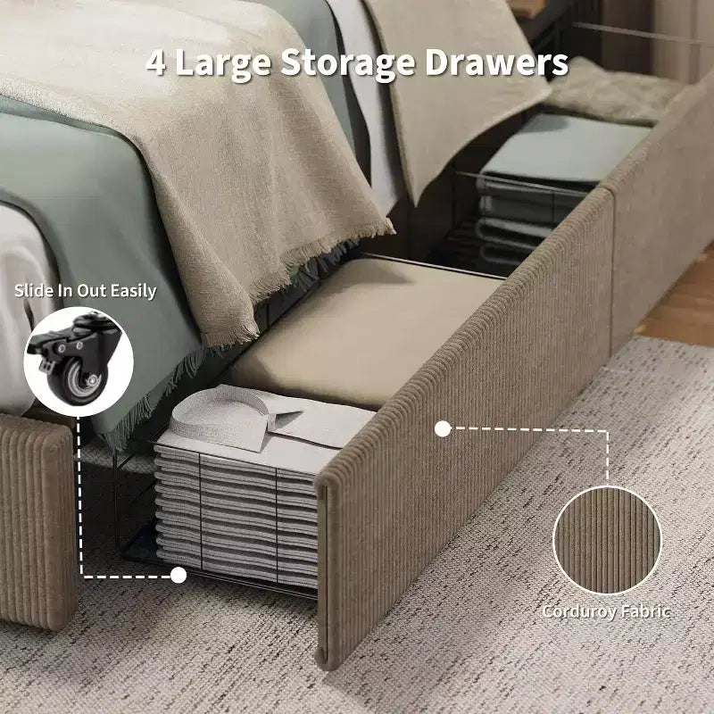 CuisinSmart Cadre de lit en velours côtelé avec tête de lit, cadre de lit rembourré avec plateforme, 4 tiroirs de rangement et support à lattes en bois