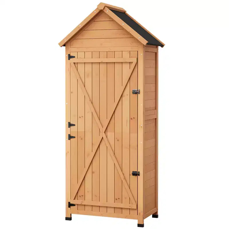 Armoire à outils d'extérieur en bois imperméable, avec portes doubles verrouillables, 3 étagères réglables et toit incliné – Rangement peu encombrant pour terrasse, cour ou pelouse