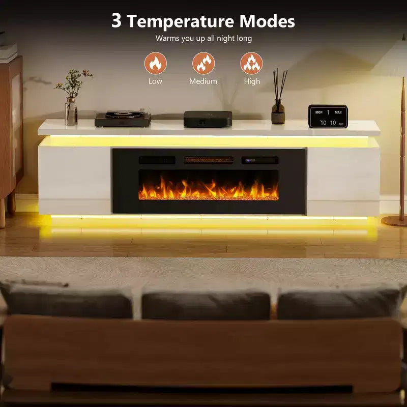 Meuble TV Skyzoo avec foyer électrique intégré, pour téléviseurs jusqu'à 80 pouces, avec lumières LED et 4 prises CA, console TV pour salon