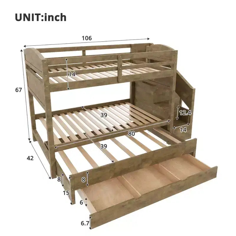 Lit superposé Whisen Twin XL avec lit gigogne, lit superposé avec rangement, lit superposé en bois massif, escalier de rangement, armoire, 3 tiroirs, pour enfants