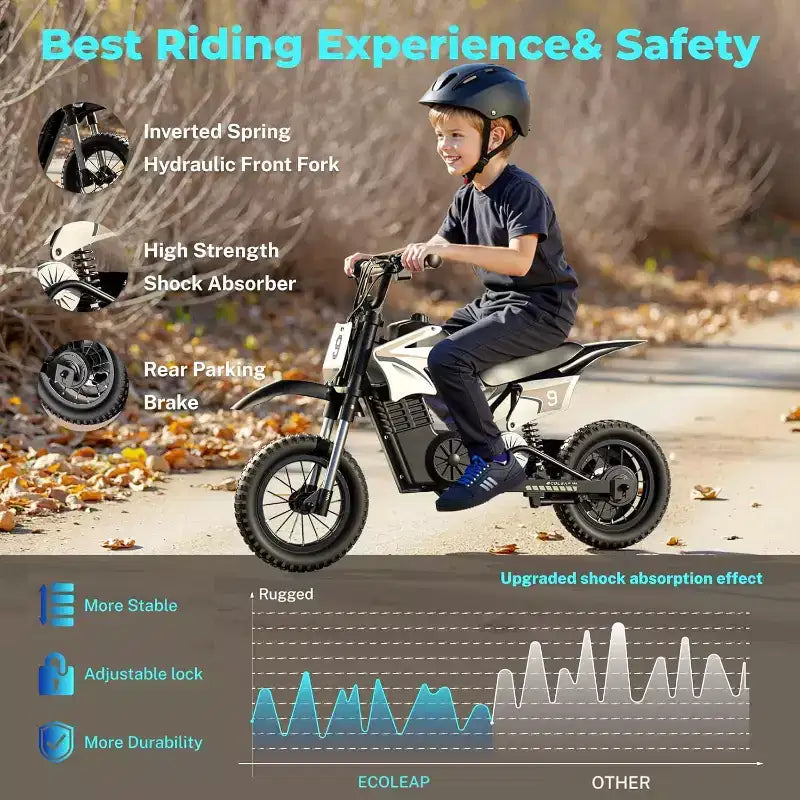 Moto tout-terrain électrique pour enfants ECOLEAP K1, 36V, rapide (25 km/h), autonomie de 22 km, moteur de pointe 700W, 3 modes de vitesse, pneus tout-terrain de 12 pouces, homologuée UL, pour les 3-10 ans.