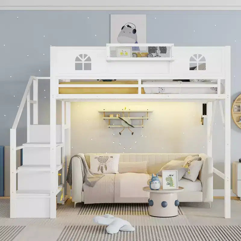 Lit mezzanine ModernLuxe double/grand format avec escalier et armoire intégrée, cadre de lit en métal avec lumières LED, station de charge USB et étagères de rangement