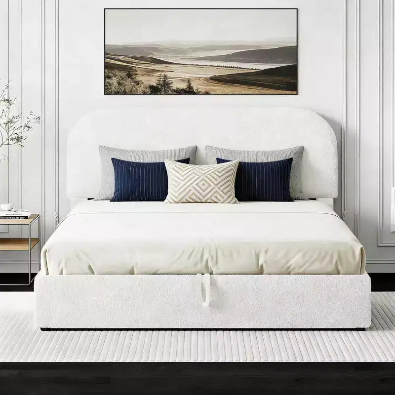 Lit capitonné Queen Size avec rangement escamotable - Blanc