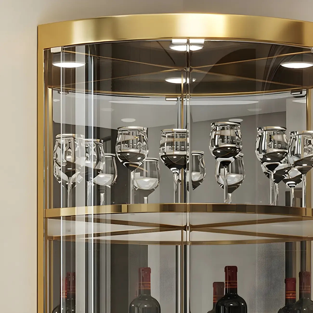 Vitrine d'angle arrondie en métal doré, verre et finition brillante Glam