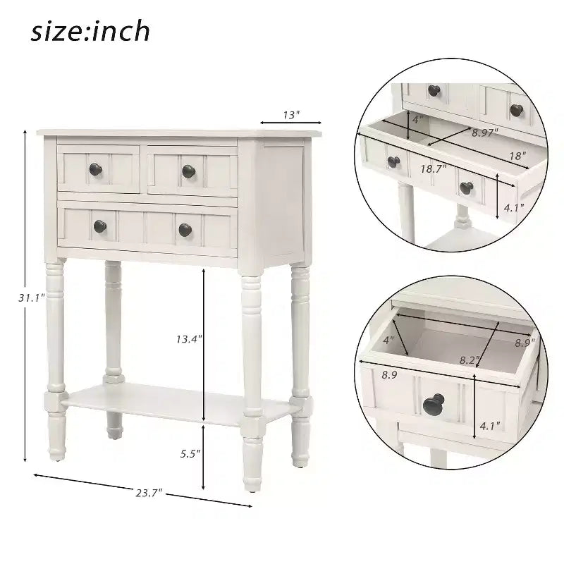 Console étroite de 60 cm avec 3 tiroirs et étagère, table d'appoint pour petite entrée ou salon