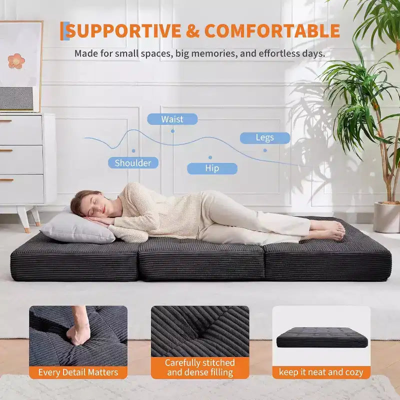 SunnyFurn Matelas pliant triple 6 pouces pour canapé-lit, 75X54.3 Lit d'appoint pliable en mousse avec velours côtelé capitonné, portable pour le camping, le salon, la chambre à coucher