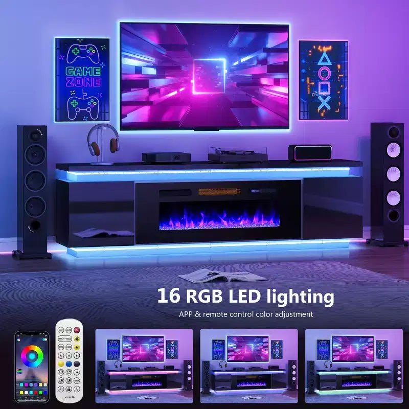 Meuble TV Skyzoo avec foyer électrique intégré, pour téléviseurs jusqu'à 80 pouces, avec lumières LED et 4 prises CA, console TV pour salon