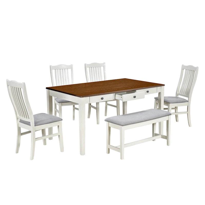 Ensemble de salle à manger 6 pièces en bois avec 4 chaises et un banc, table avec tiroir