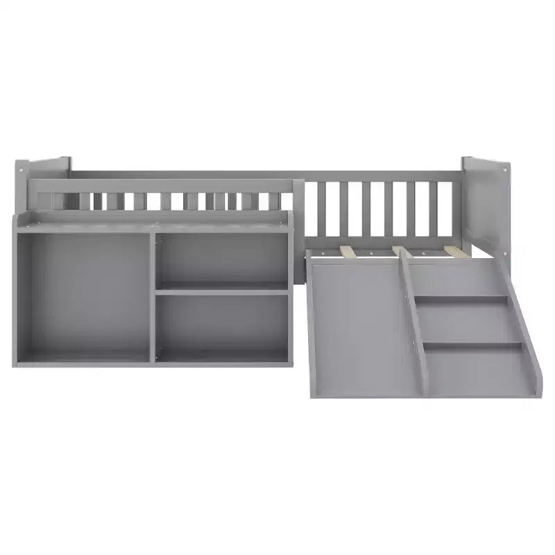 Lit superposé simple Whisen pour enfant avec toboggan, étagère de rangement mobile, balustrades, cadre de lit mezzanine bas