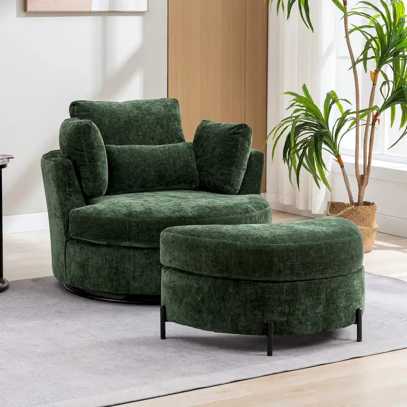 Fauteuil d'appoint pivotant rembourré 42,3 W avec 4 oreillers et pouf de rangement demi-lune