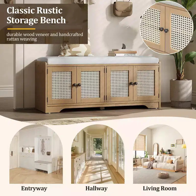 Banc de rangement rustique en bois Whisen, banc à chaussures d'entrée avec coussin amovible, étagères réglables