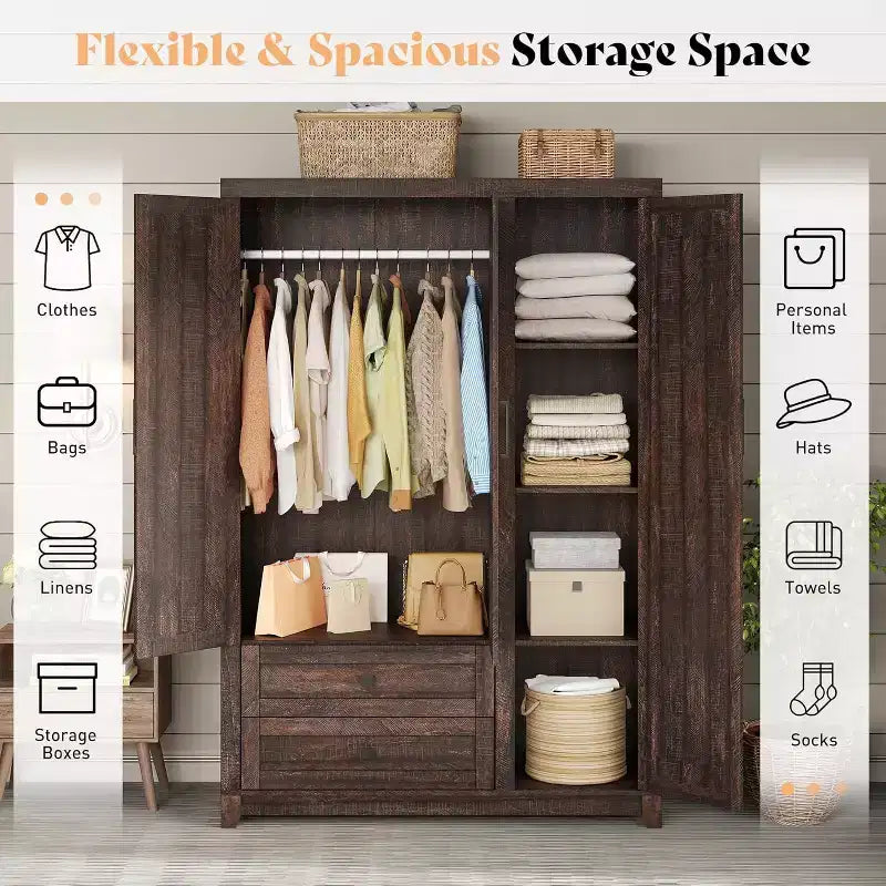 AMERLIFE Armoire de garde-robe de ferme 47 avec 3 portes, 2 tiroirs, tringle à vêtements et étagères réglables, organisateur de placard autoportant