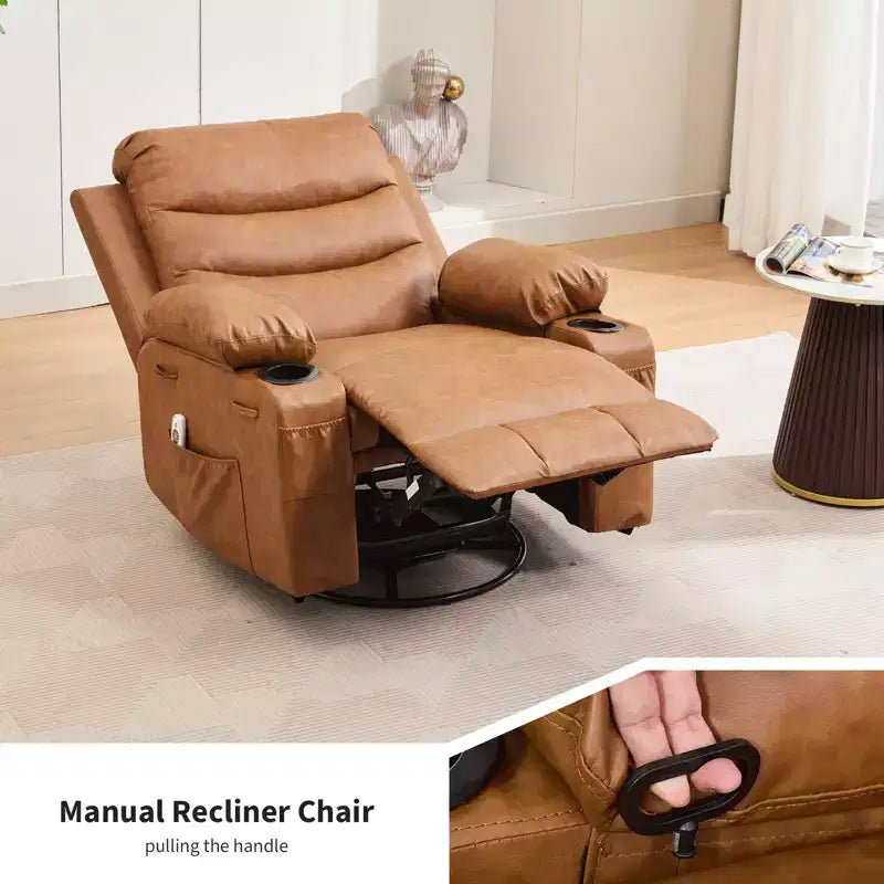 Fauteuil inclinable surdimensionné 360 pivotant et berçant avec massage et chaleur - Fauteuil de salon ergonomique avec porte-gobelets, poches latérales pour salon, chambre de bébé