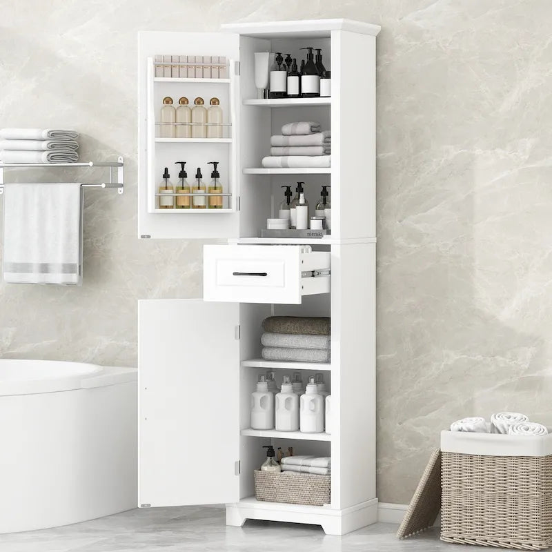 Meuble de salle de bain autoportant avec 2 portes, étagères réglables et rangement de porte, organiseur de salle de bain haut