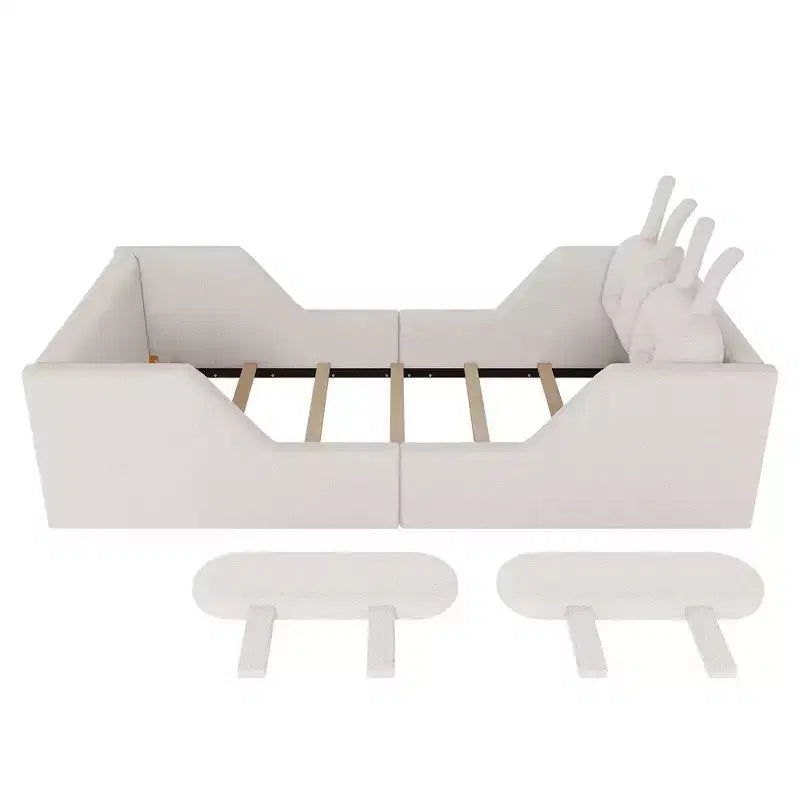 Lit plateforme double Whisen, cadre de lit rembourré pour enfants avec coussin lapin, barrières latérales amovibles