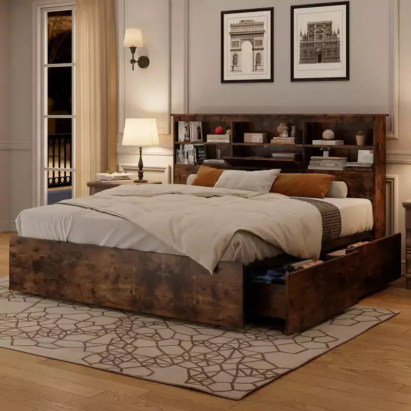 Cadre de lit complet avec tête de lit de rangement, cadre de lit en bois avec 4 tiroirs, bibliothèque de rangement et lit plateforme King Size avec support métallique robuste