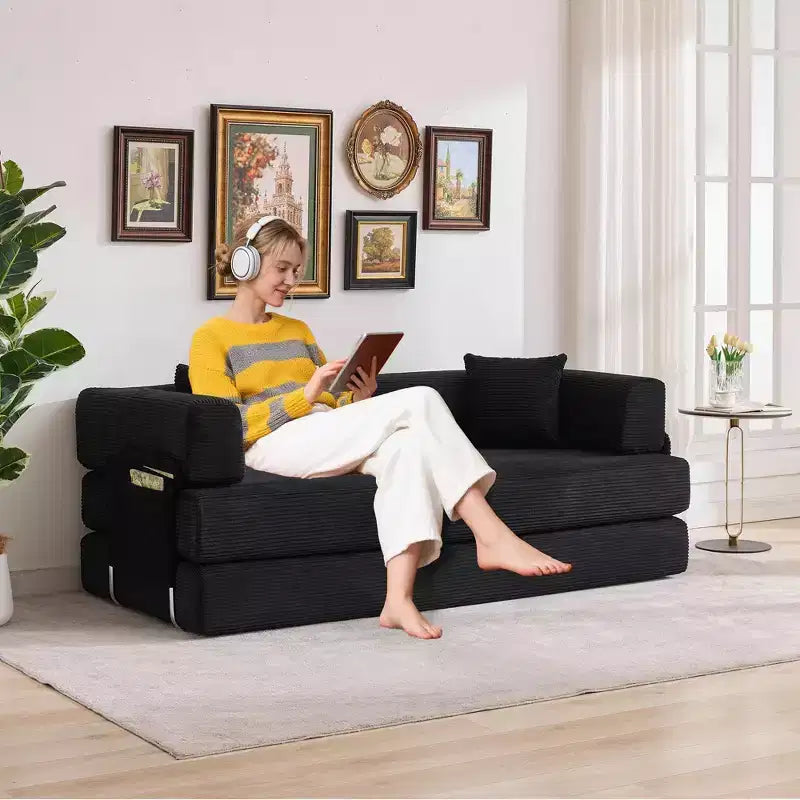 Canapé convertible, matelas pliant 5-en-1 de 78,8 po, cadre en acier à forme fixe, velours côtelé avec oreillers