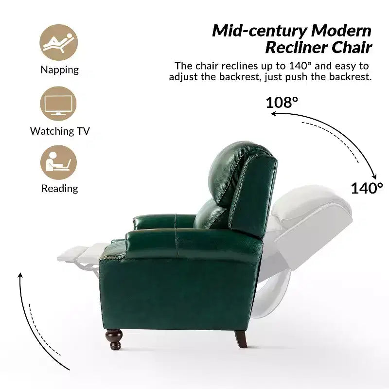 Ensemble de 2 fauteuils inclinables modernes en cuir véritable Elisabete avec garniture cloutée vintage pour salon et chambre à coucher | ART OF LIVING DESIGNS
