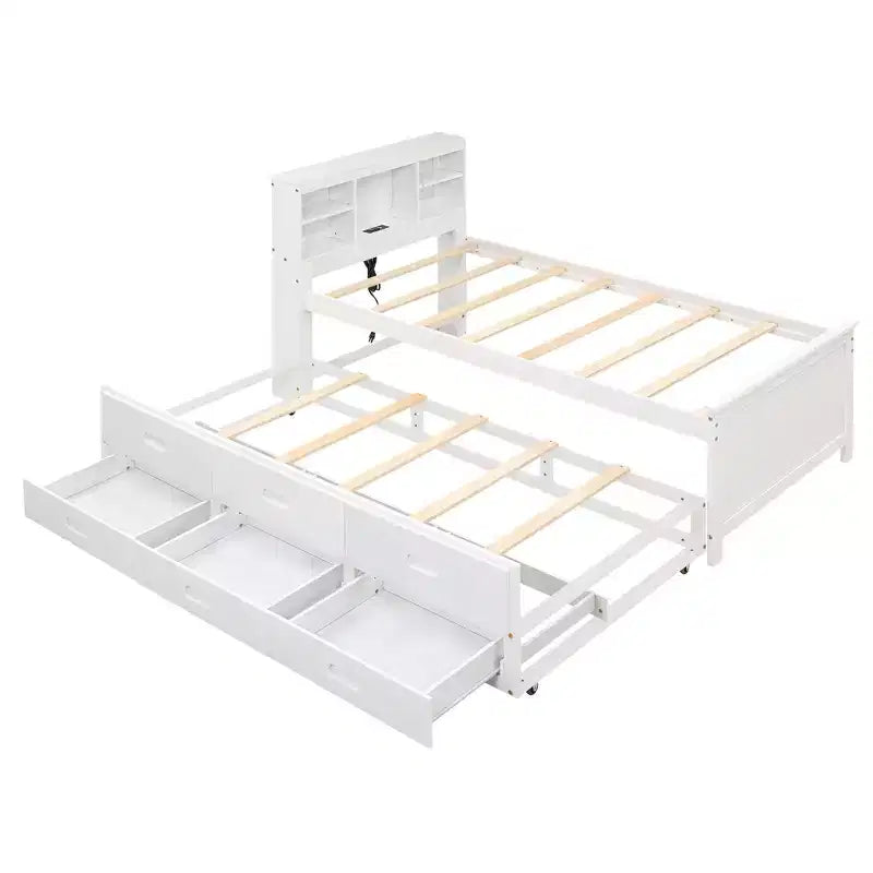 Lit plateforme avec lit gigogne et tiroirs, lit plateforme de rangement avec USB, lit plateforme en bois avec bibliothèque