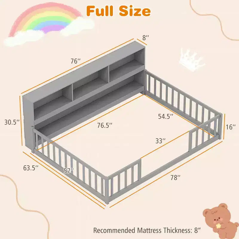 Lit de sol Montessori double/complet avec étagères de rangement et barrières de sécurité Blanc/Gris