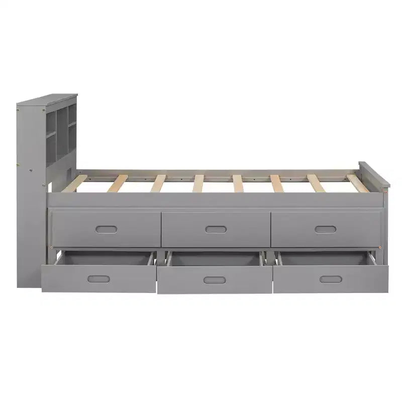 Lit plateforme avec lit gigogne et tiroirs, lit plateforme de rangement avec USB, lit plateforme en bois avec bibliothèque