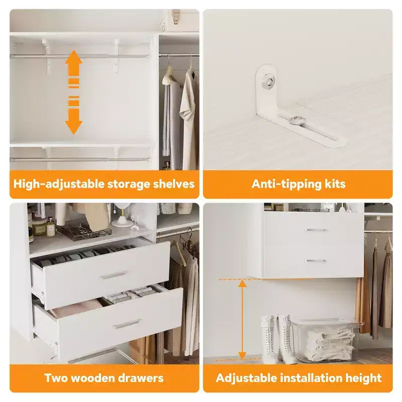 Système de Rangement Autoportant avec 8 Barres de Penderie et Tiroirs, Organisateur de Placard Suspendu avec 10 Étagères