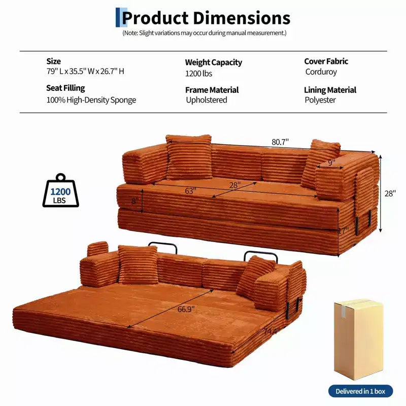 Canapé-Lit Convertible 5-en-1 de 80,7 po – Velours Côtelé, 1200 lb, Aucun Assemblage Requis