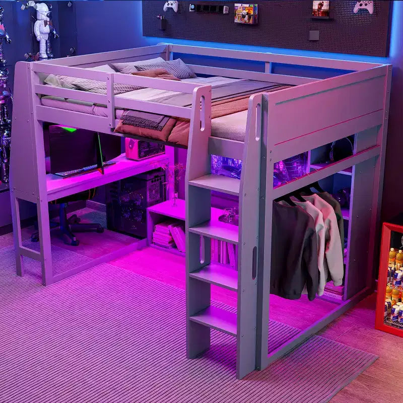 Lit mezzanine gaming Whisen Wood de taille double avec bureau, étagères multi-rangements, LED et une penderie suspendue