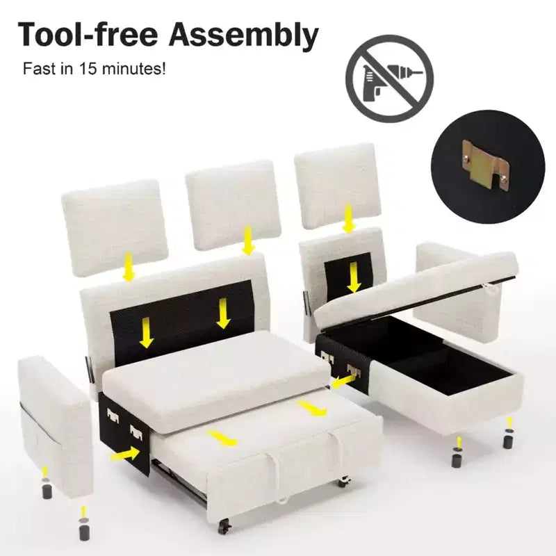 Canapé-lit convertible 2-en-1 avec méridienne de rangement, canapé d'angle en chenille avec ports USB pour salon