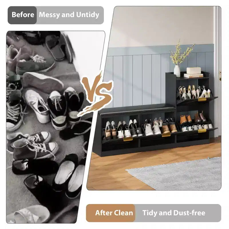 Meuble à chaussures de ferme avec banc, organisateur de rangement de chaussures d'entrée avec 4 tiroirs à abattant et siège rembourré confortable, banc à chaussures autoportant