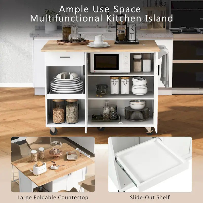 Îlot de cuisine avec plan de travail pliable, desserte de rangement de cuisine avec étagère coulissante, porte-serviettes et tiroir, roulettes.