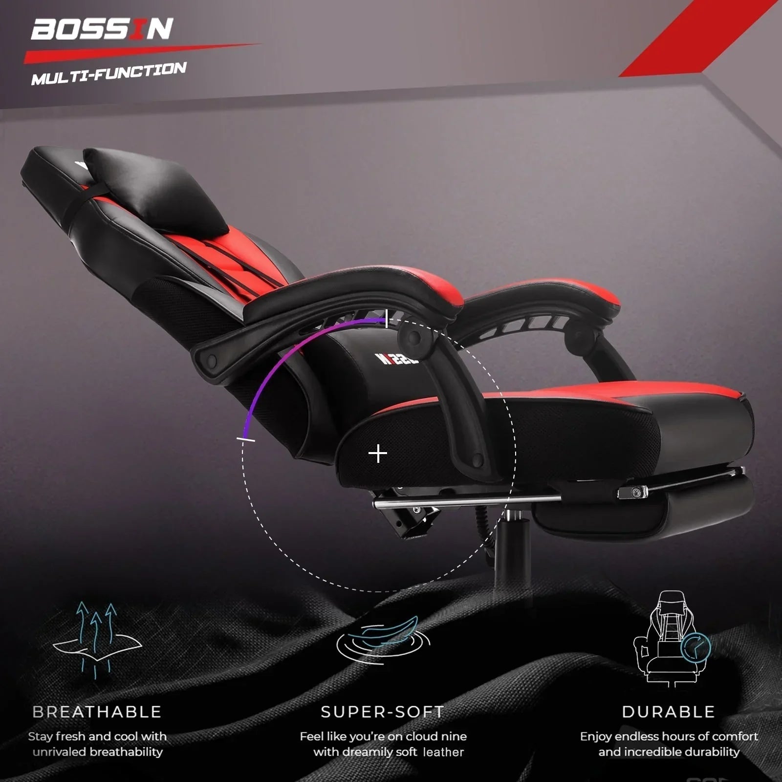 Chaise de jeu style course BOSSIN, fauteuil gamer grande taille 300 lb, chaise d'ordinateur à dossier haut