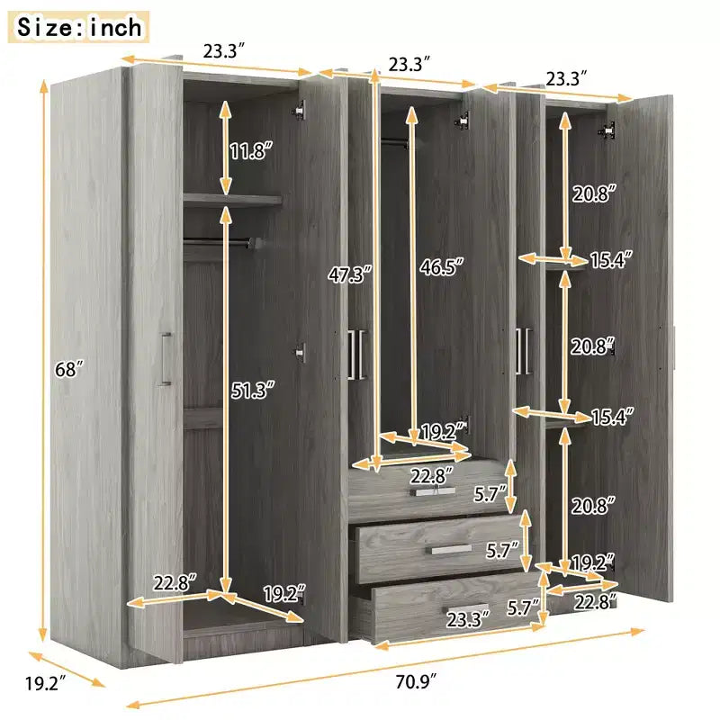 Armoire 6 portes en bois avec tiroirs pour chambre à coucher