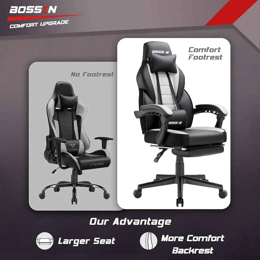 Chaise de jeu style course BOSSIN, fauteuil gamer grande taille 300 lb, chaise d'ordinateur à dossier haut