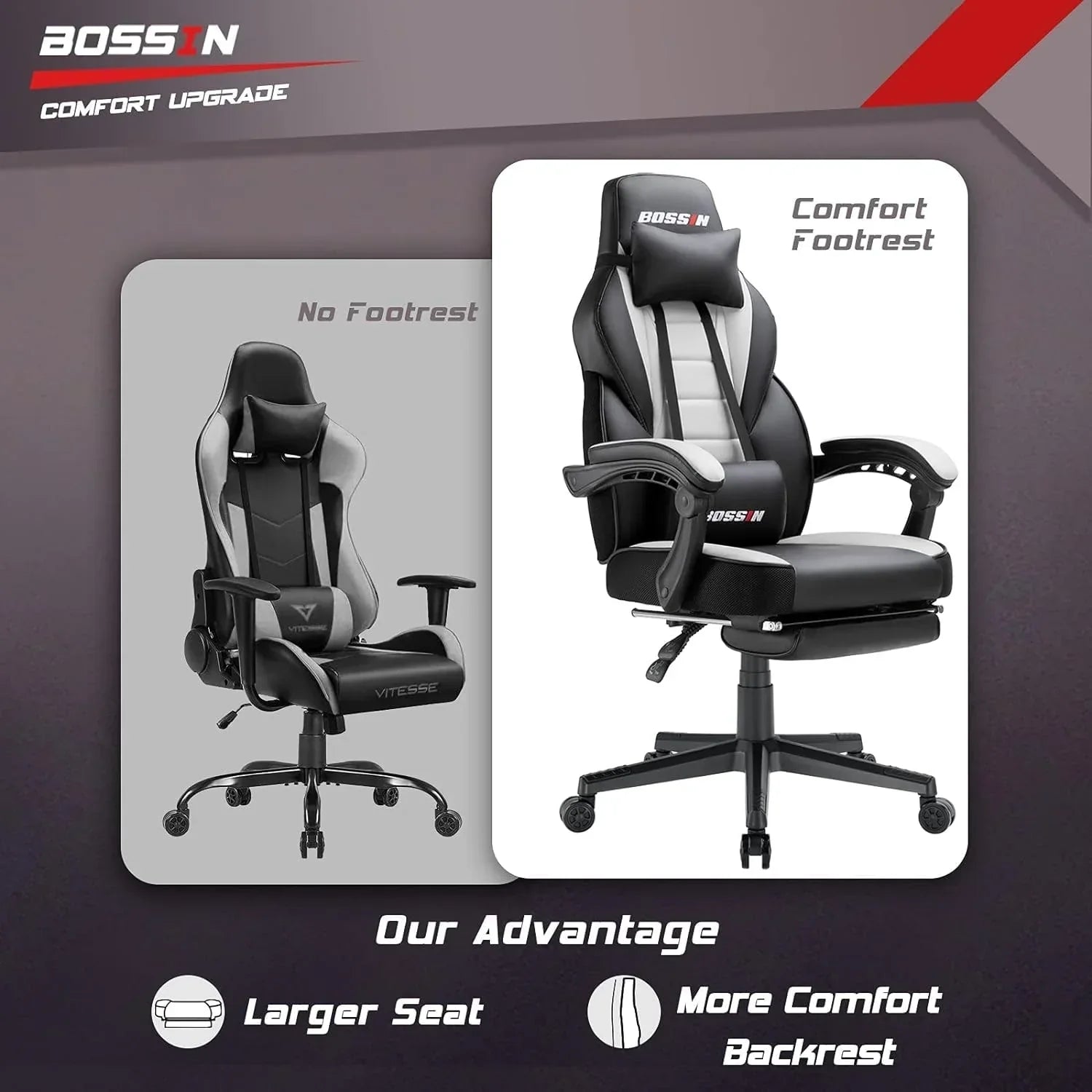 Chaise de jeu style course BOSSIN, fauteuil gamer grande taille 300 lb, chaise d'ordinateur à dossier haut