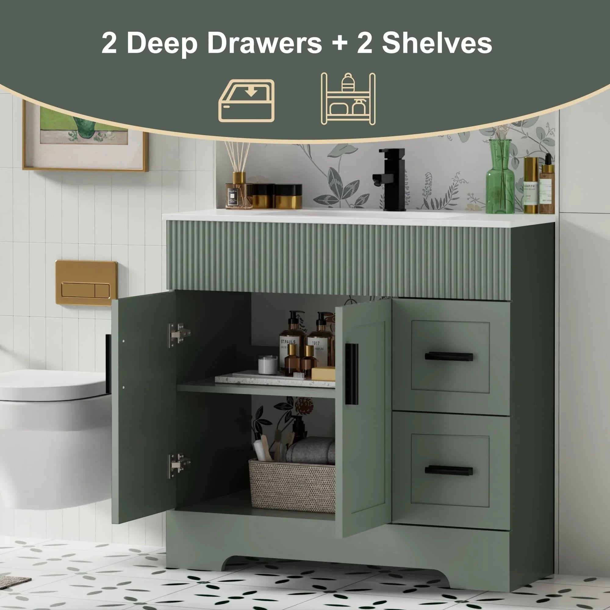 Meuble-lavabo de salle de bain Wavy Line 30/36/48 avec évier et robinet