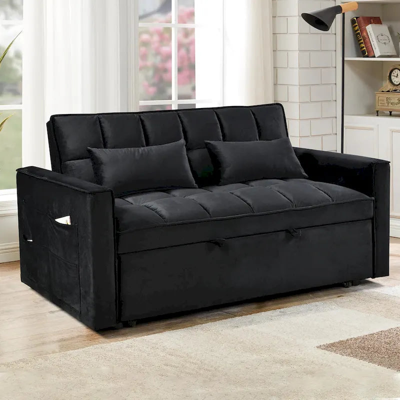 Causeuse futon moderne en velours avec dossier inclinable et poches, 2 places ??Gris foncé / Gris clair / Bleu / Noir