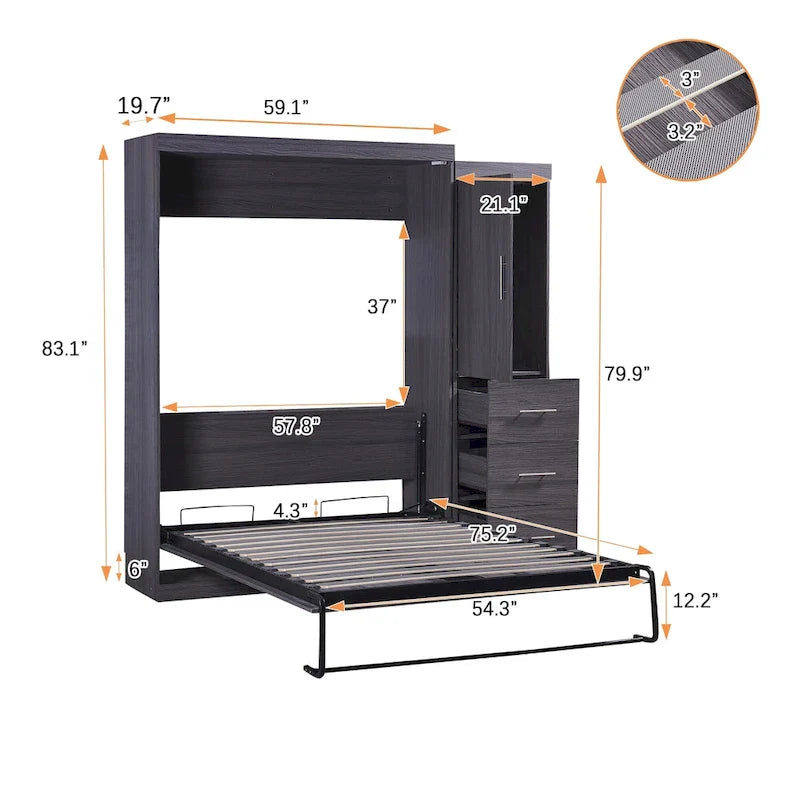 Lit escamotable gris avec armoire et 3 tiroirs, grand lit/lit simple, 1 personne