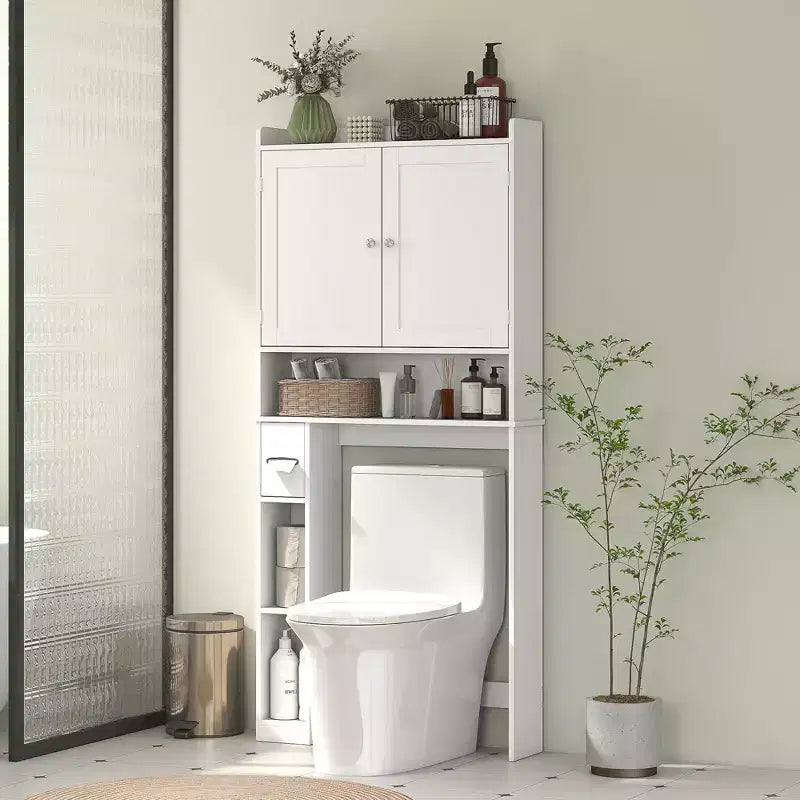 Meuble de rangement WC HOMCOM, Armoire de salle de bain moderne au-dessus des toilettes avec 2 portes, porte-papier toilette, étagère WC autoportante