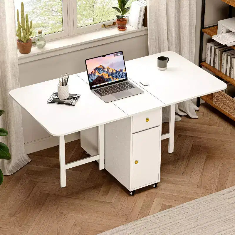 Table à manger pliante ATJafurn 59'' avec abattants pour petits espaces, table de cuisine rectangulaire en bois extensible avec roulettes et rangement