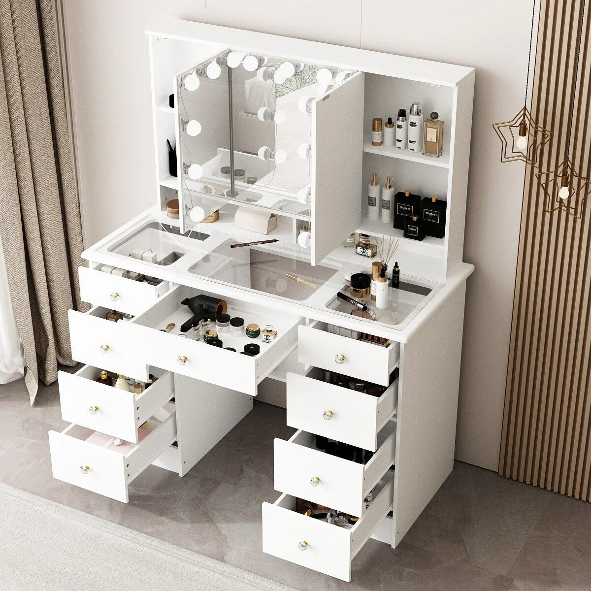 Coiffeuse avec miroir triptyque éclairage certifié et plateau en verre