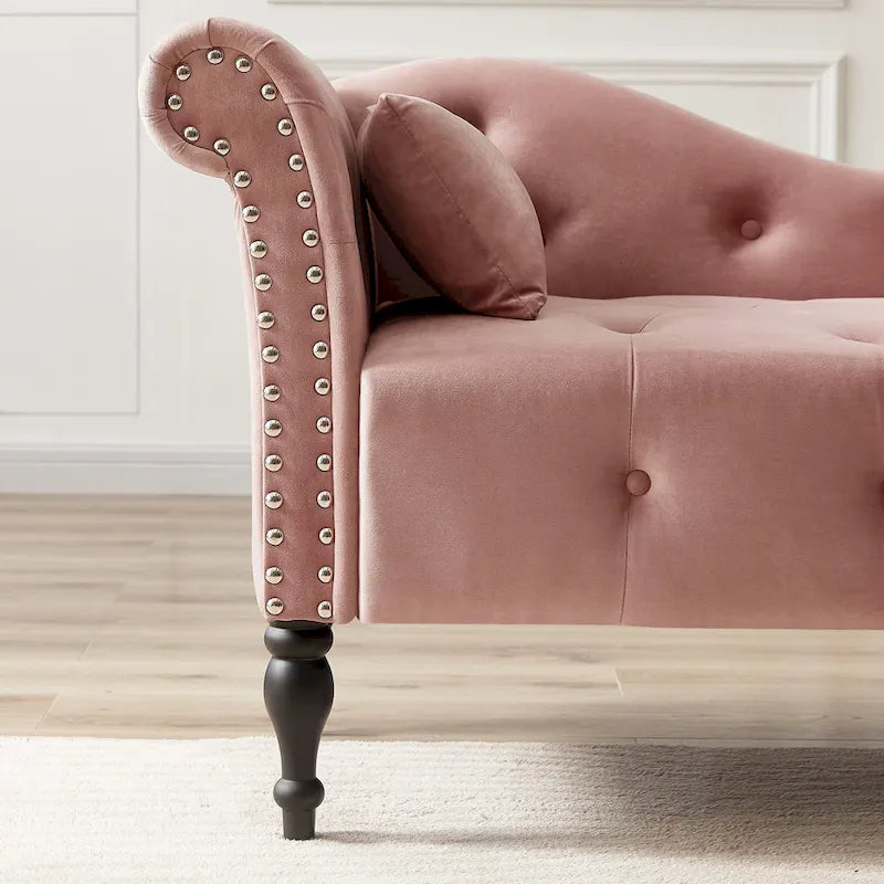 Chaise longue moderne de 154 cm avec revêtement en velours, boutons capitonnés, pieds en bois massif et clous de tapissier