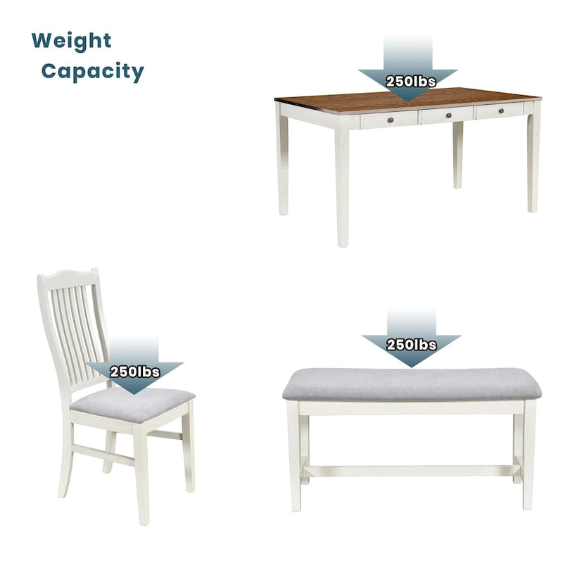 Ensemble de salle à manger 6 pièces en bois avec 4 chaises et un banc, table avec tiroir