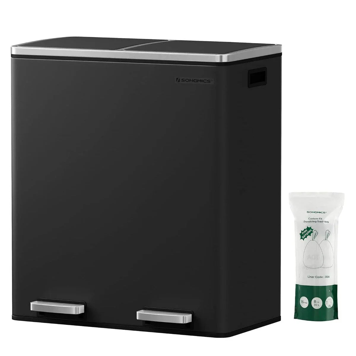 SONGMICS Poubelle double, 60L, en acier inoxydable, noire