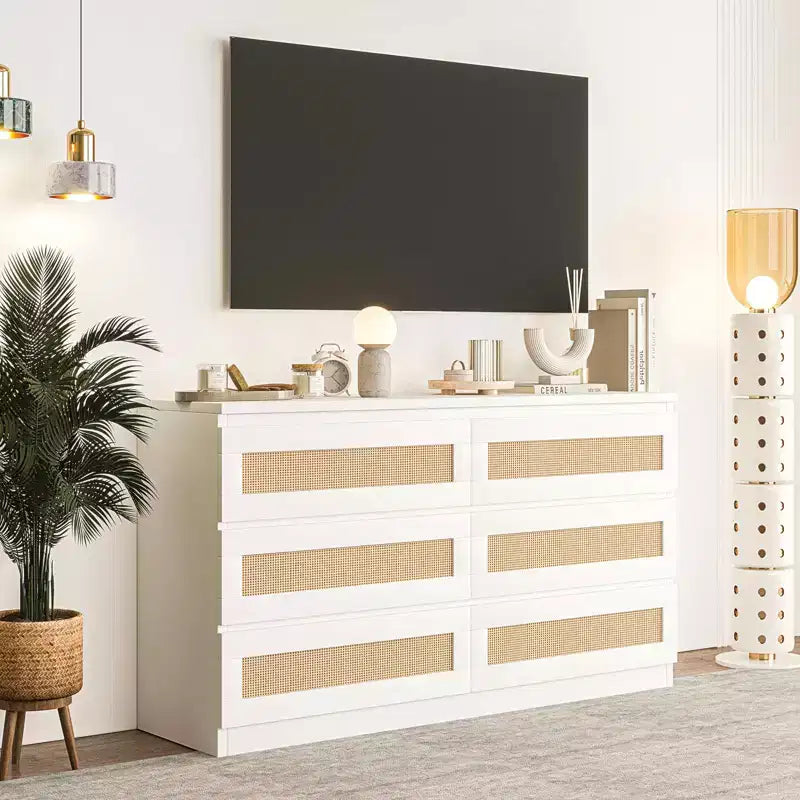 Commode en rotin pour chambre à coucher avec 6 tiroirs, 47 commode large moderne de style ferme, armoire de rangement en bois pour placard, salon, couloir