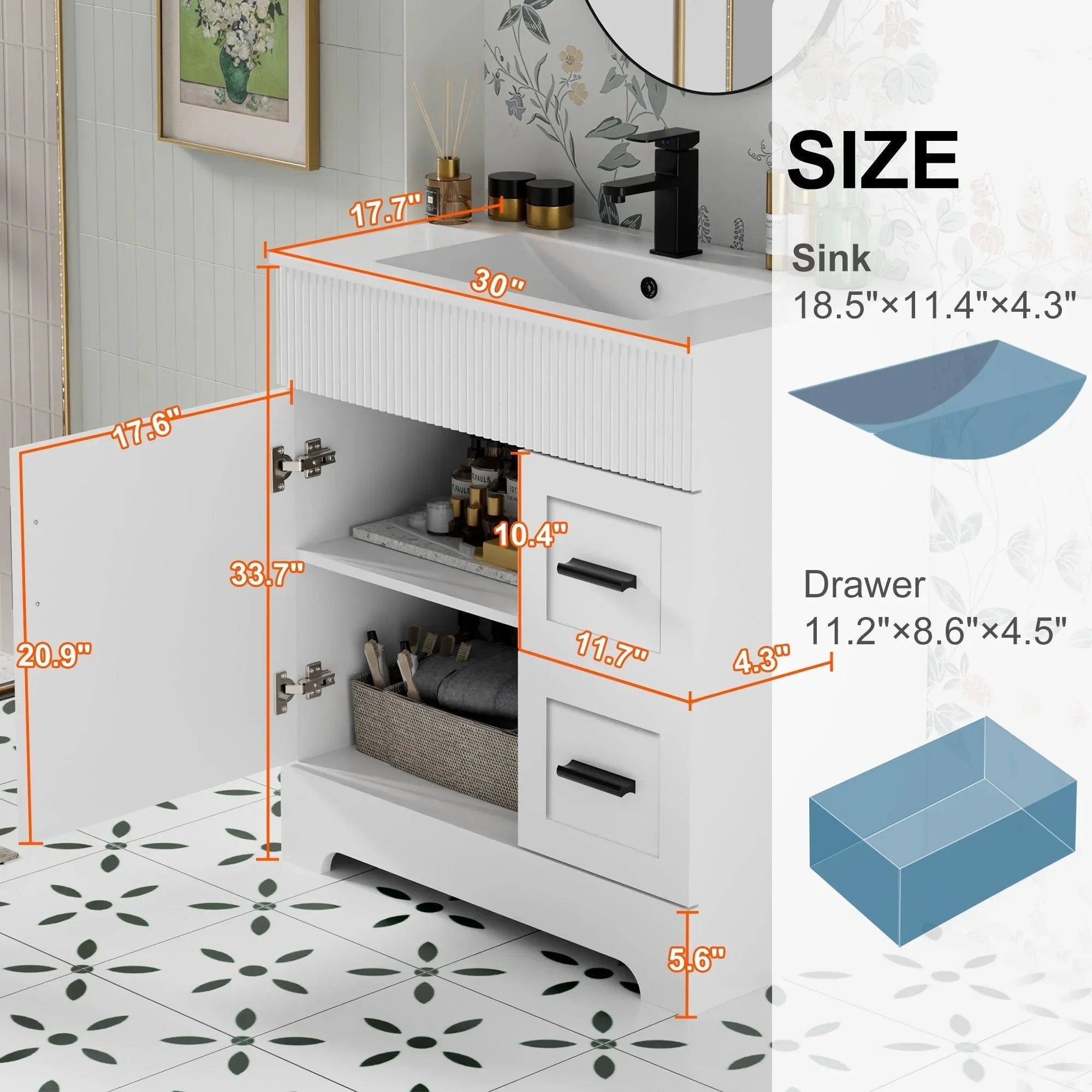 Meuble-lavabo de salle de bain Wavy Line 30/36/48 avec évier et robinet